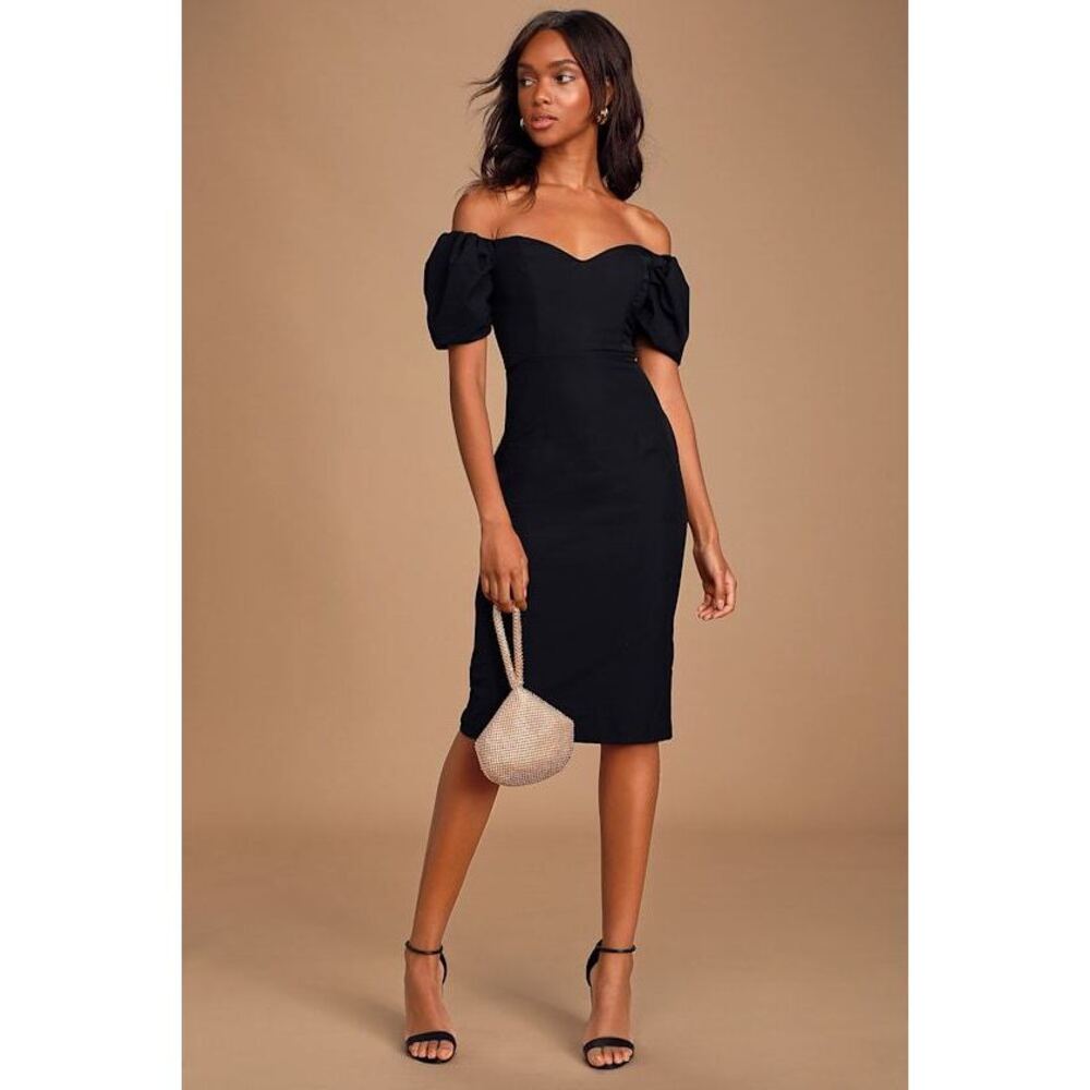 Lulus Lucky Number Black Puff Sleeve Bodycon Midi Dress (pm) - Size Medium